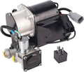 Air suspension compressor pump with black housing, silver air unit, connectors, and hoses