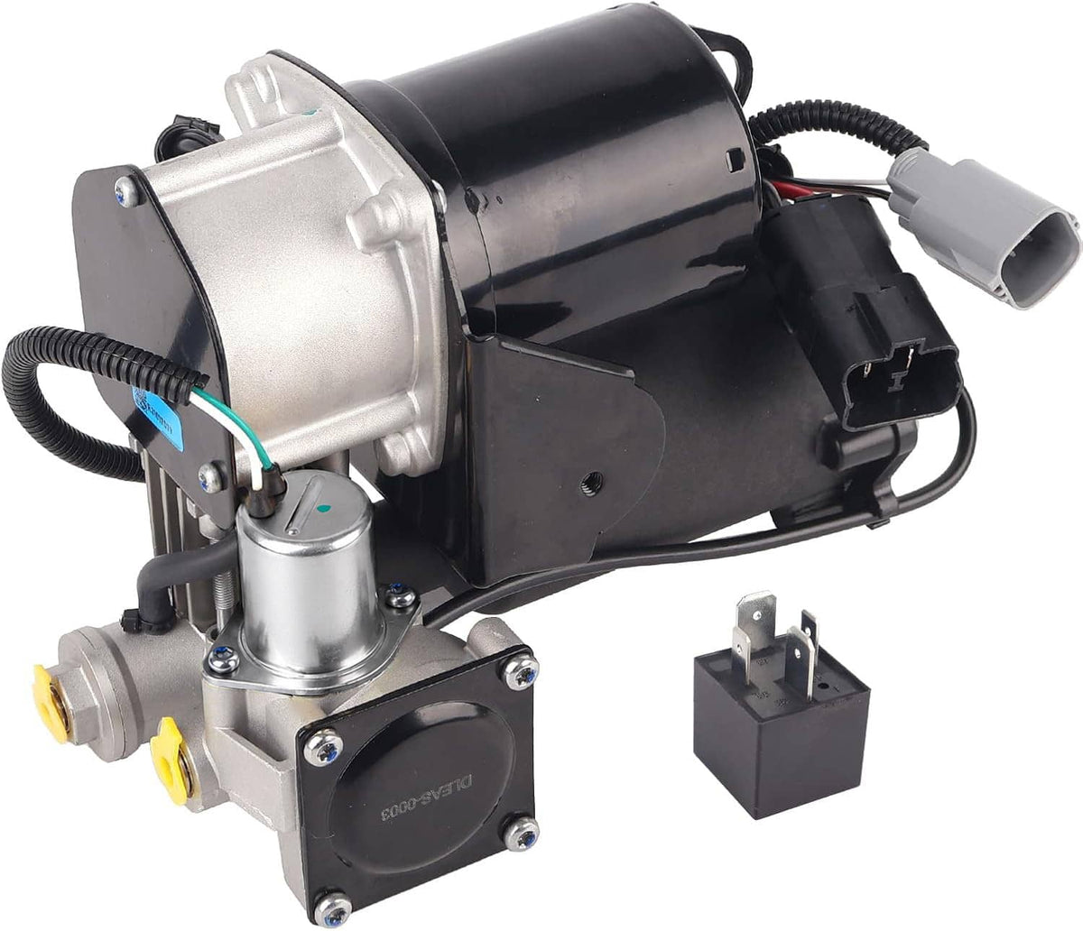 Air suspension compressor pump with black housing, silver air unit, connectors, and hoses