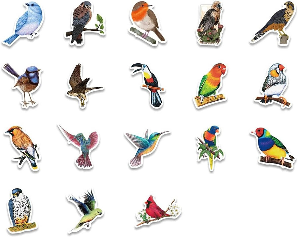 Row of assorted bird stickers featuring different species, colorful die-cut designs
