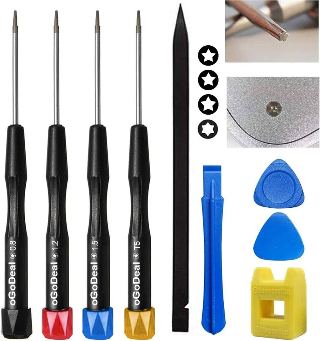 Pentalobe screwdriver set with 0.8mm, 1.2mm, 1.5mm, and T5 tips, plus pry tool