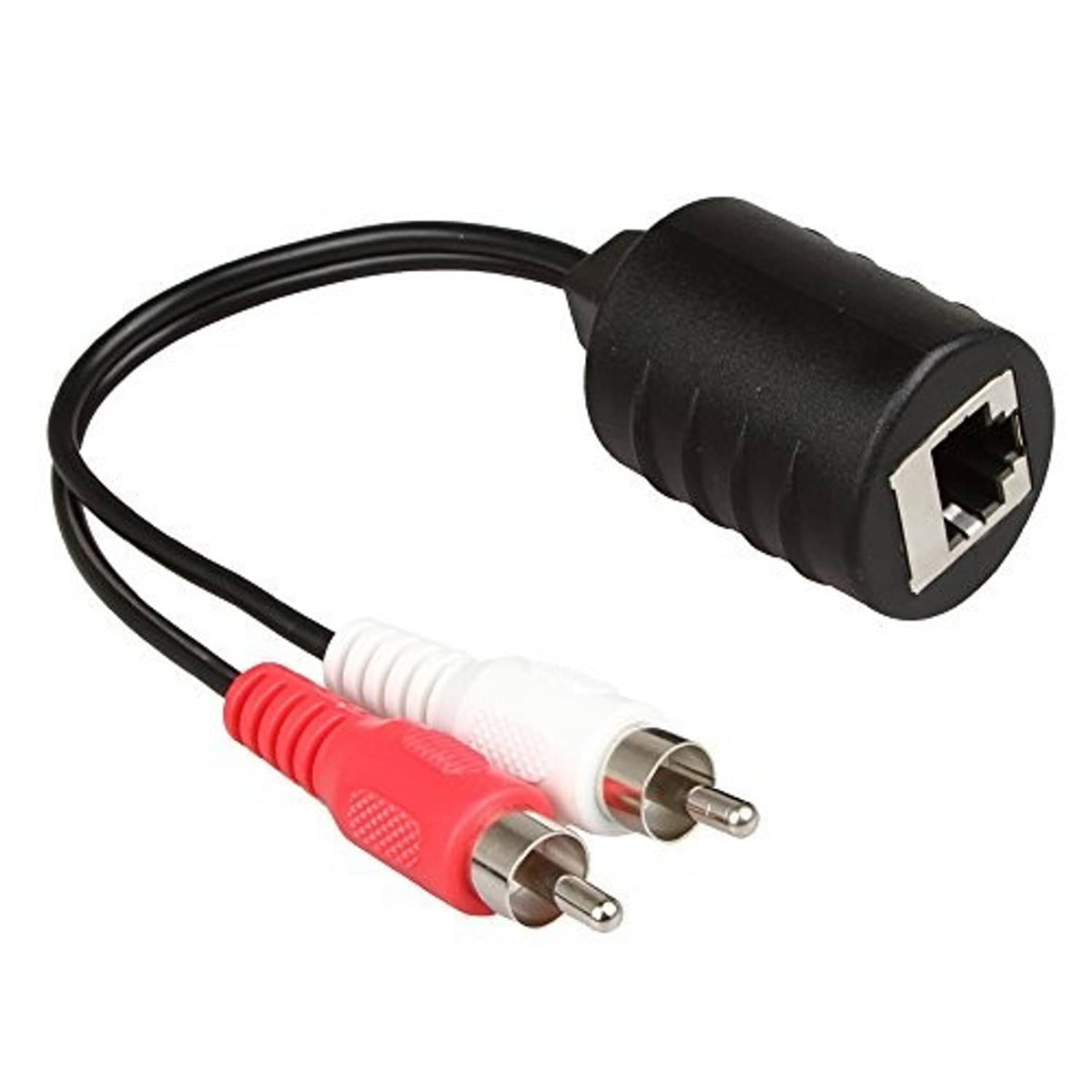Stereo RCA to RJ45 audio signal extender with black RJ45 end and red/white RCA plugs