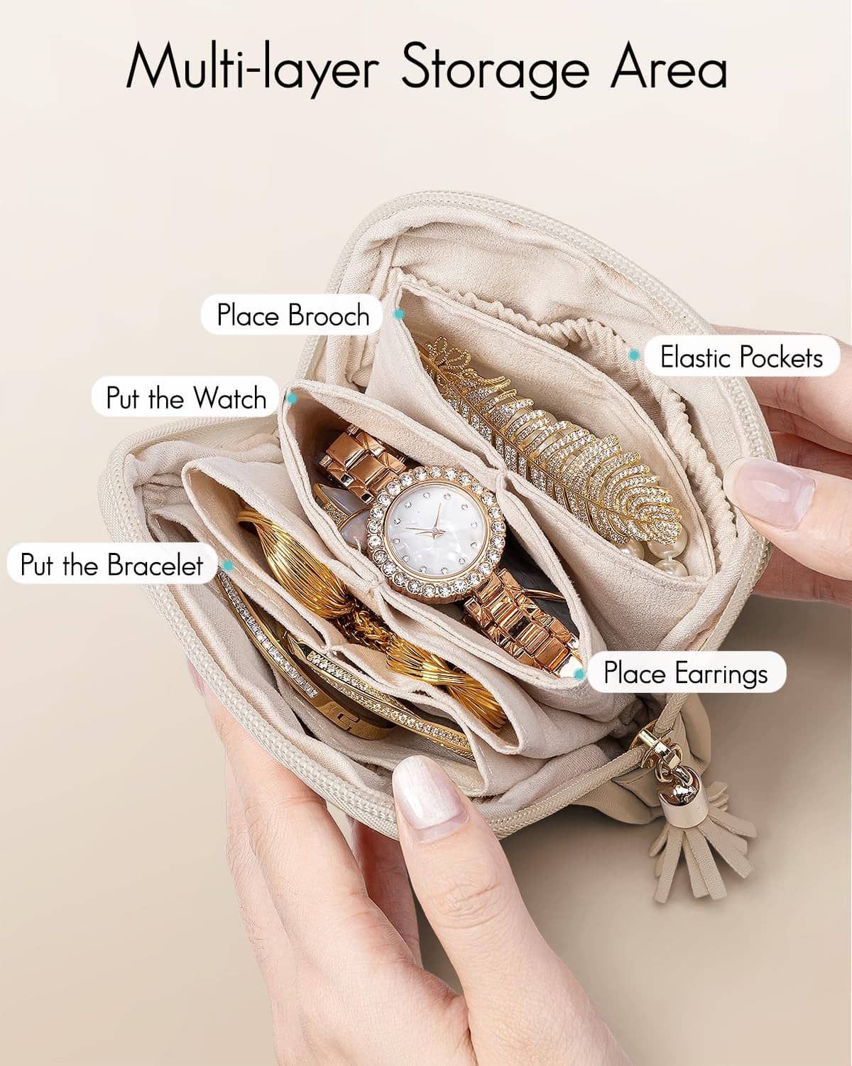 Open small jewelry travel pouch with elastic pockets and multi-layer storage sections