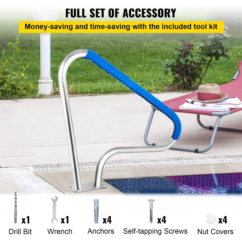 Pool handrail with blue grip cover and included wrench, anchors, and screws
