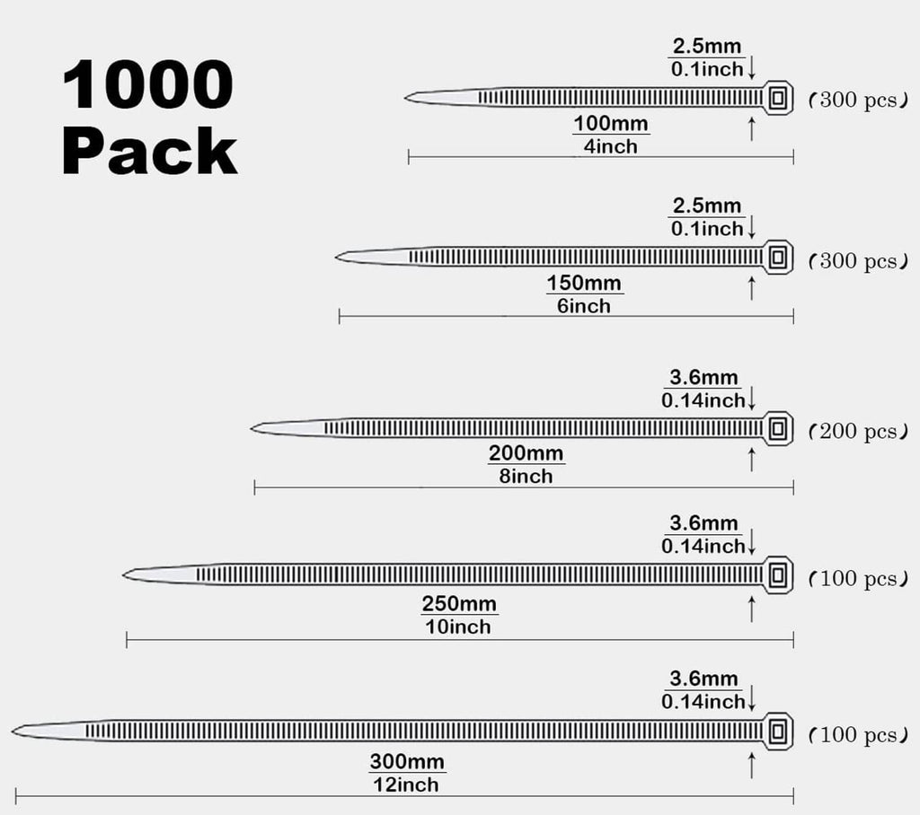 Cable tie size chart showing multiple lengths in a 1000-pack