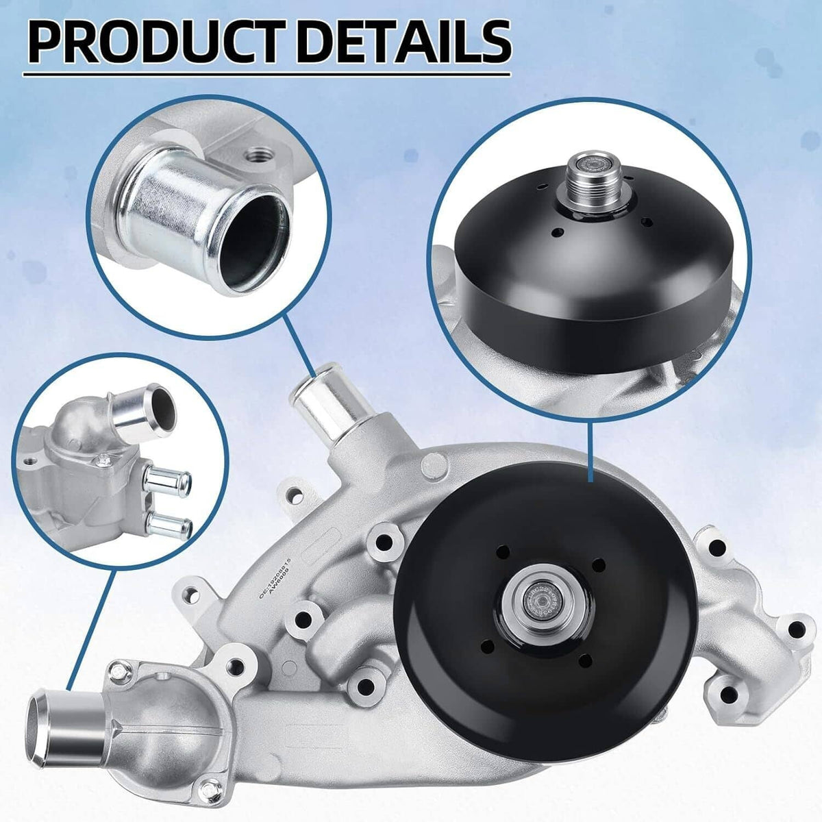 Water pump with thermostat kit, silver pump body with black circular front and ports