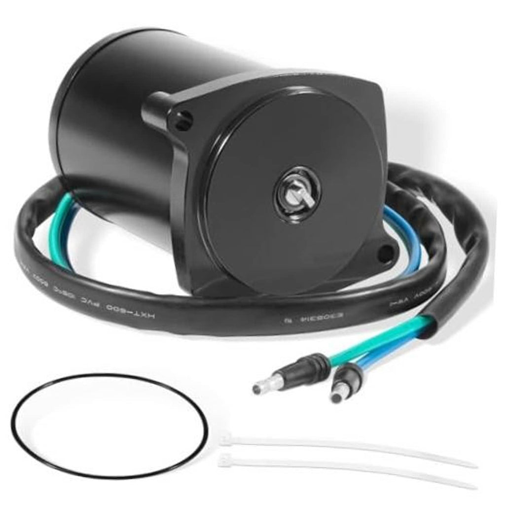 Black 12V outboard tilt and trim motor with wiring harness and mounting plate