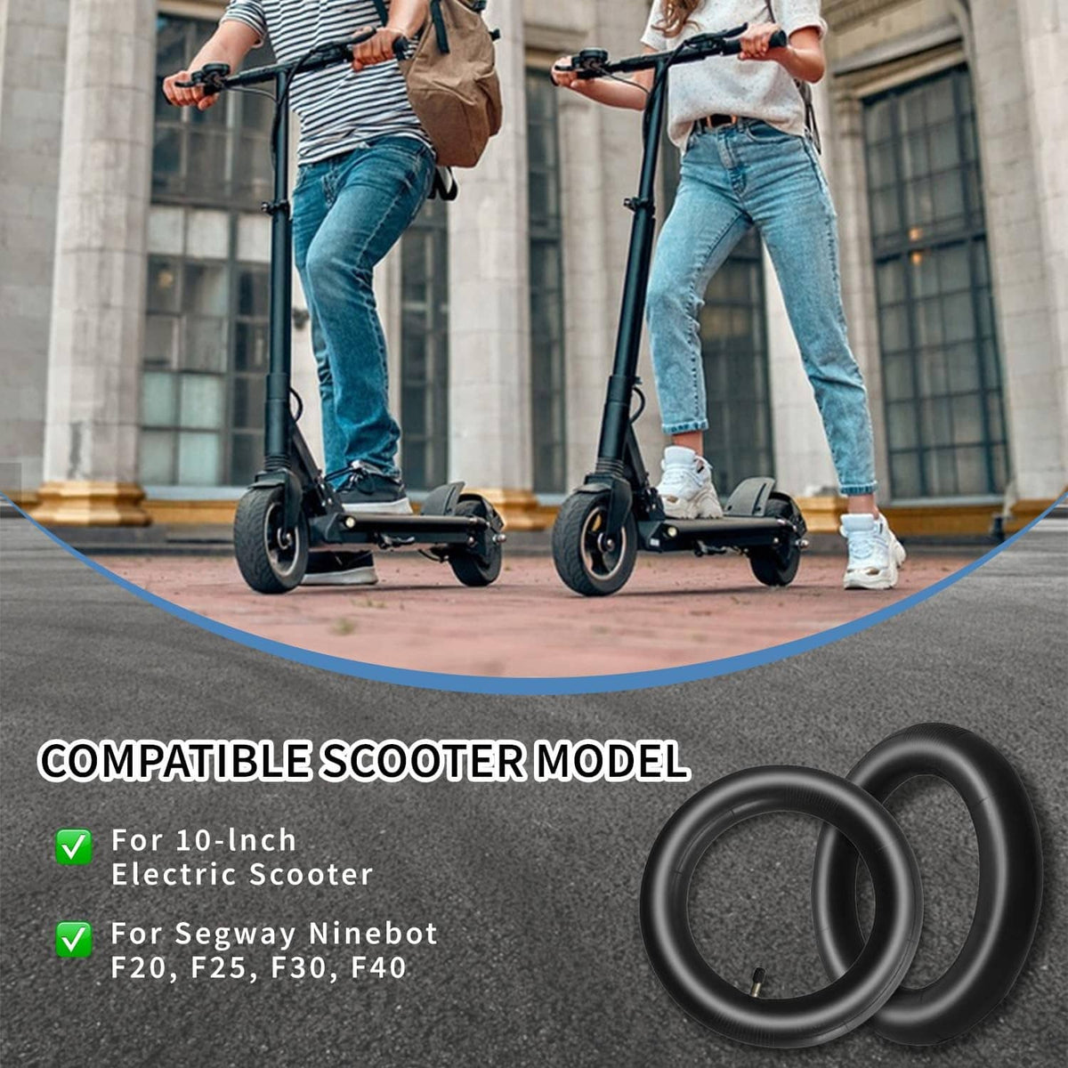 Two black 10-inch scooter inner tubes for replacement, shown with valve stems visible