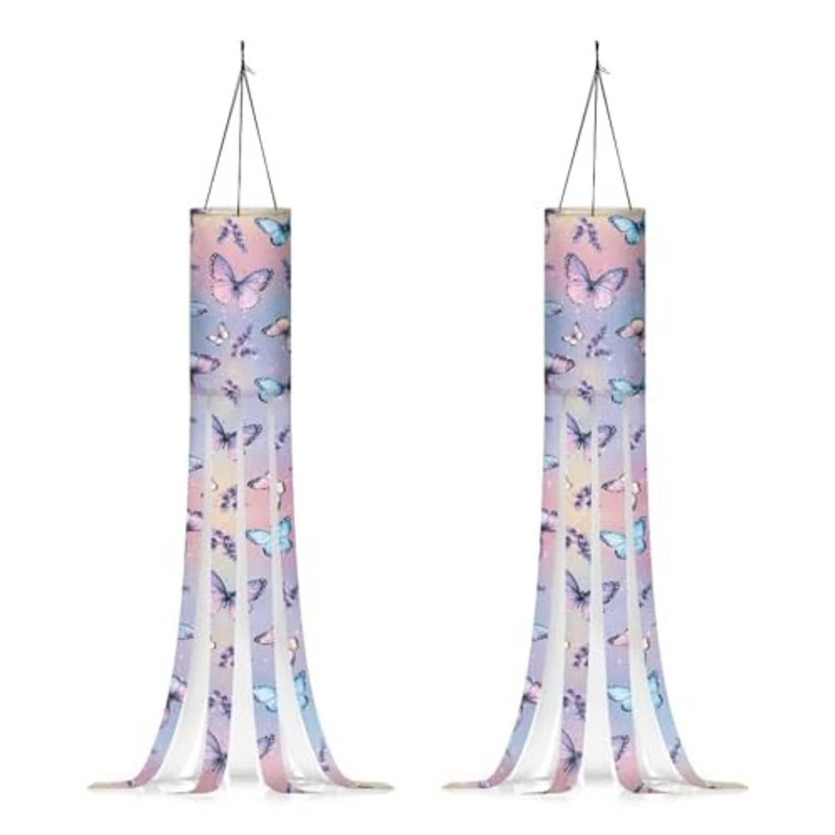 Pair of butterfly print windsock flags showing full hanging shape and ribbon tails