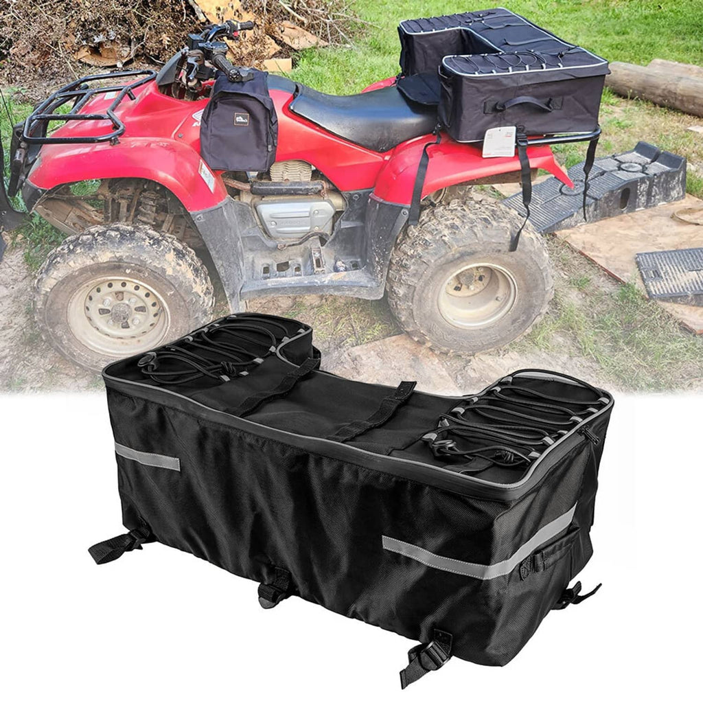 Black ATV rear rack storage bag with cushion pad and zip side storage pockets