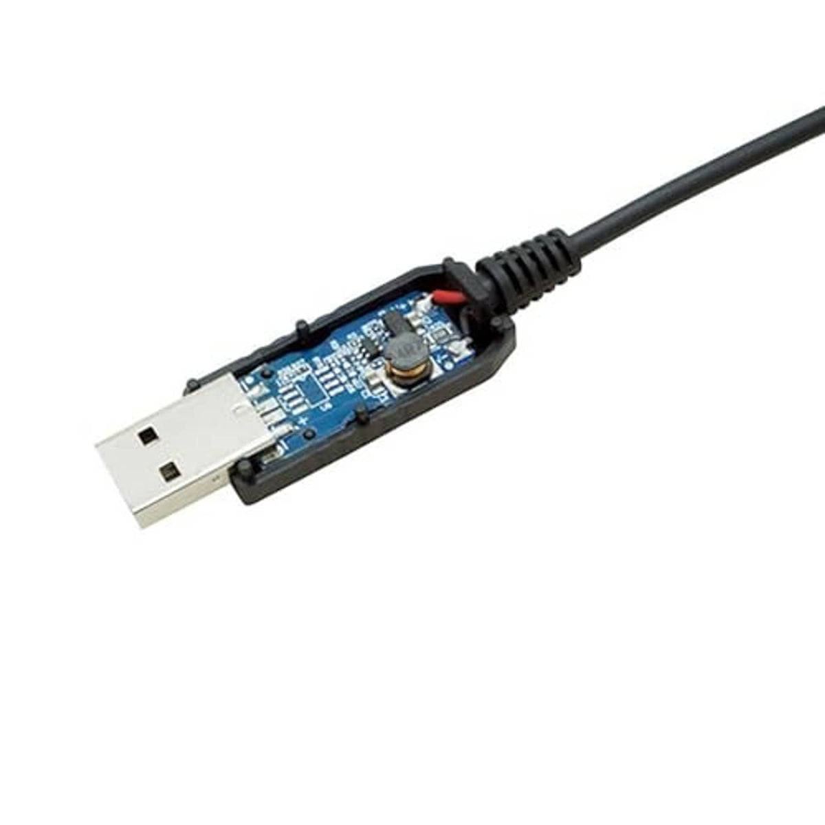 USB-A plug with exposed electronics on braided adapter cable