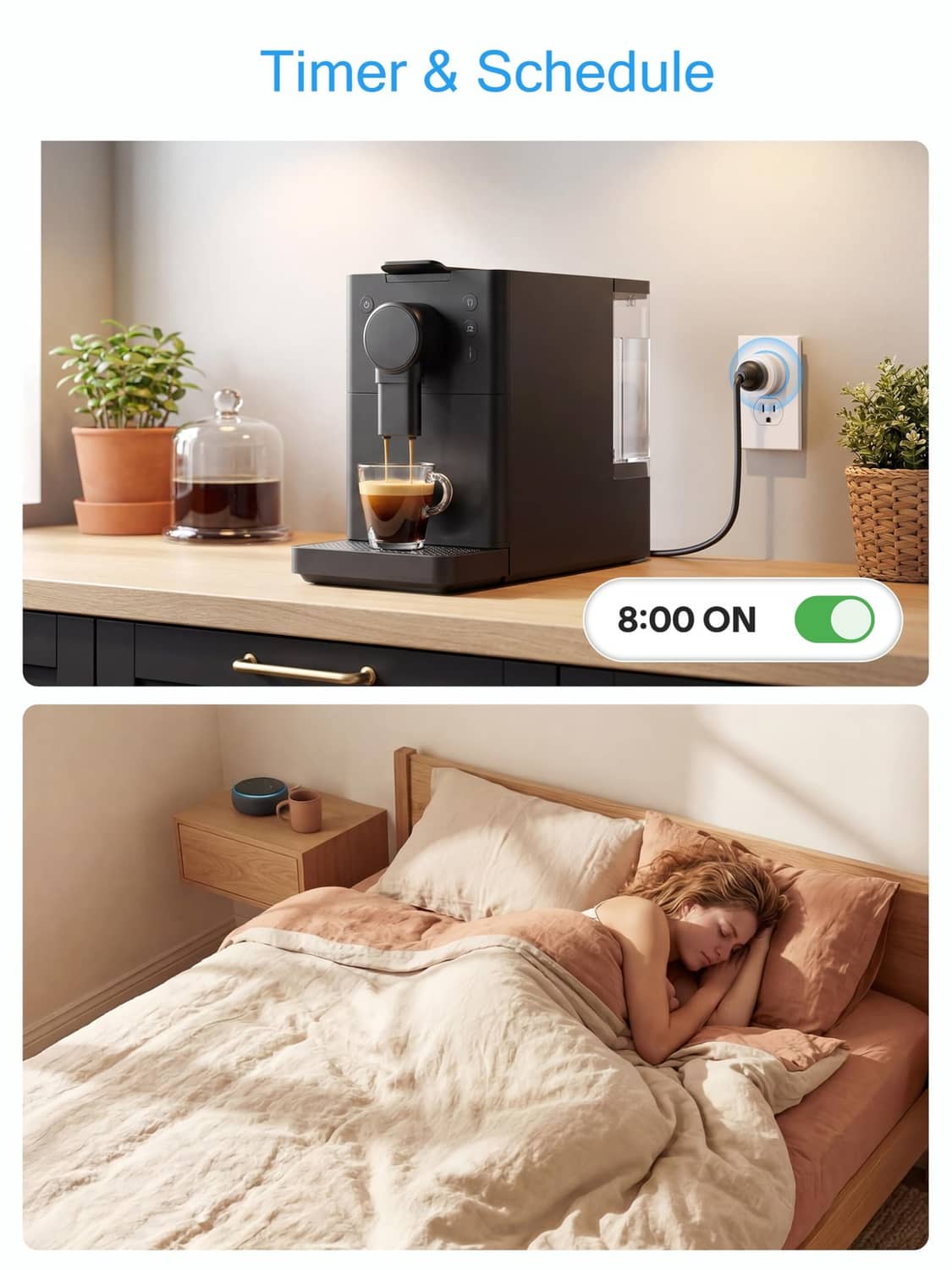 White smart outlet adapter mounted at a kitchen wall outlet powering a coffee machine