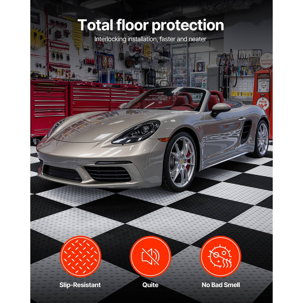 Gray interlocking garage floor tiles with tight seams, installed in a garage