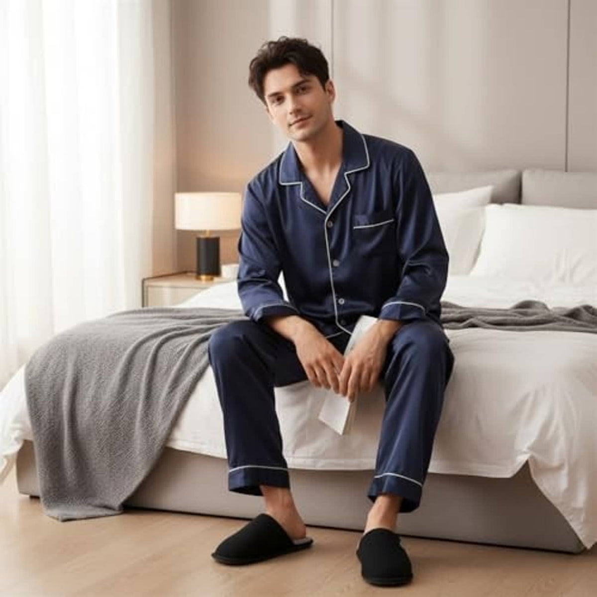 Men's black slip-on slippers with plush interior lining worn with pajama set