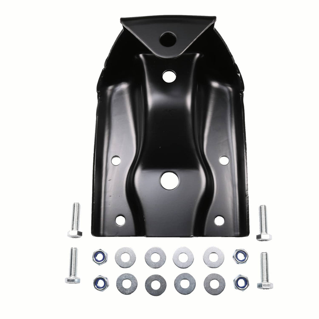Black steel rear leaf spring hanger shackle bracket, front view with multiple bolt holes