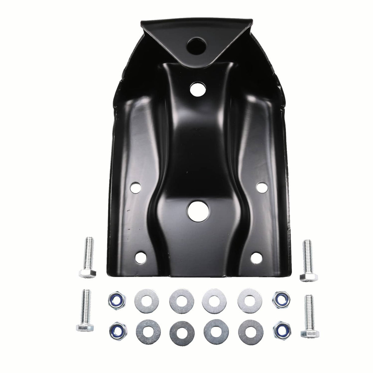Black steel rear leaf spring hanger shackle bracket, front view with multiple bolt holes