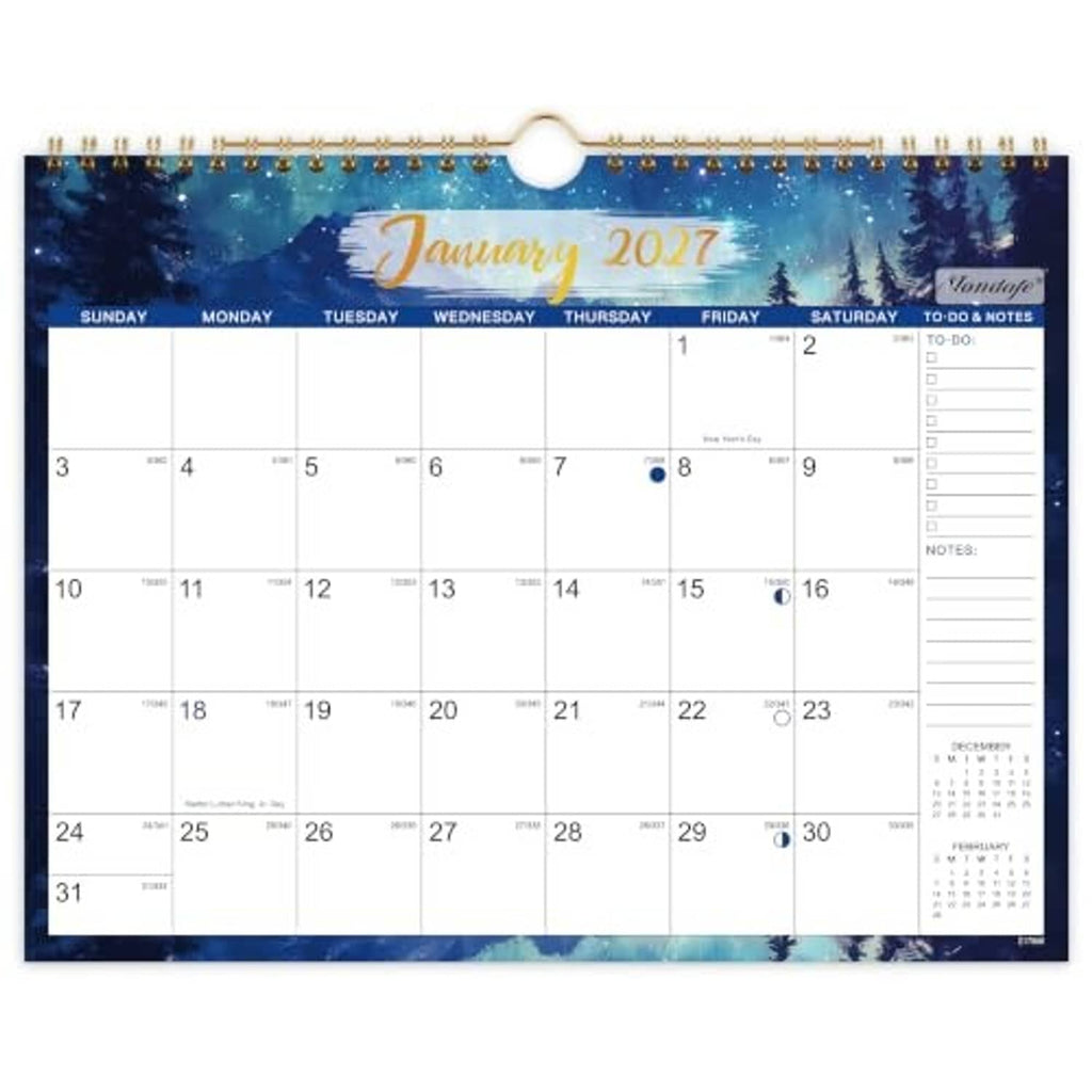 January 2027 wall calendar, spiral-bound, with dates grid and to-do/notes section