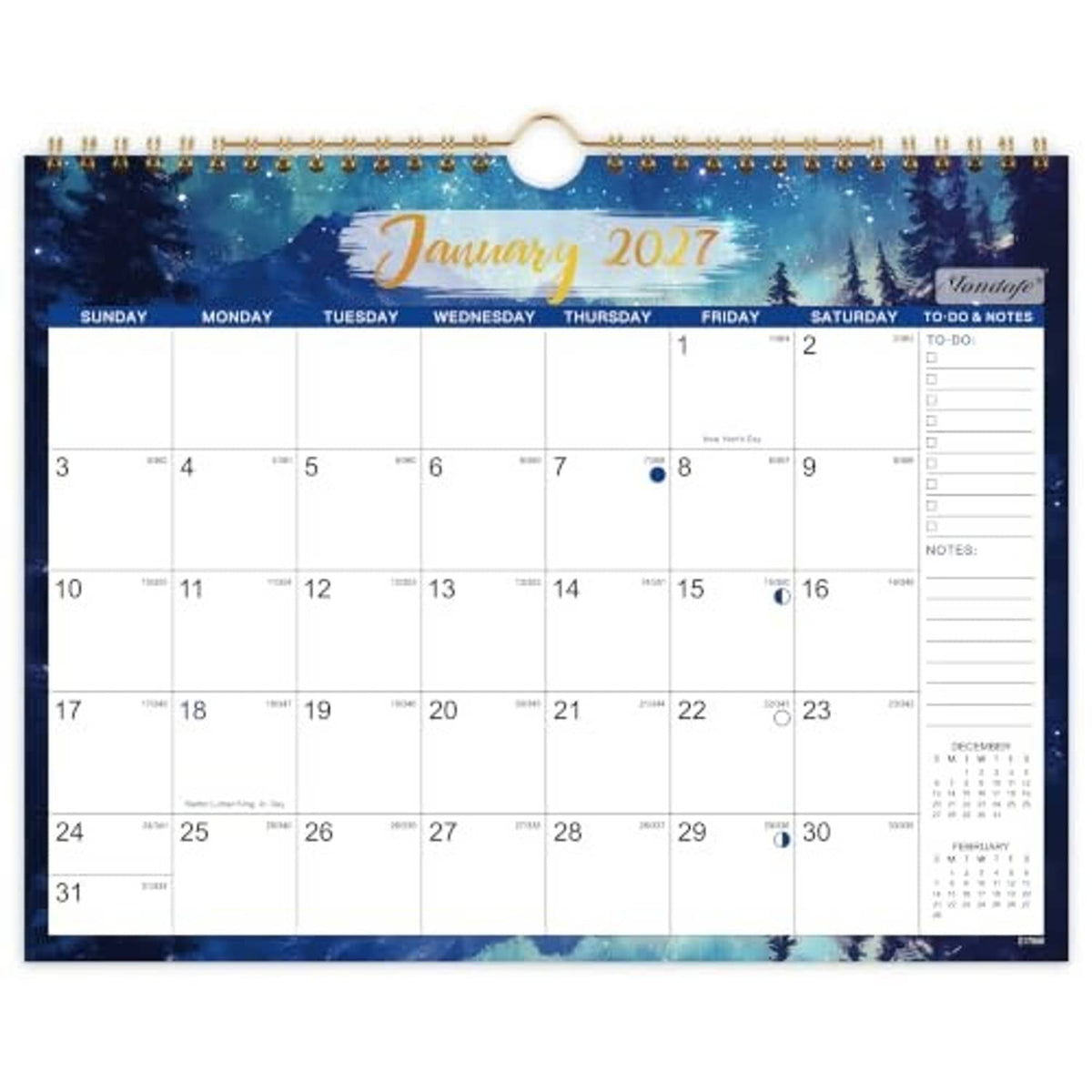 January 2027 wall calendar, spiral-bound, with dates grid and to-do/notes section