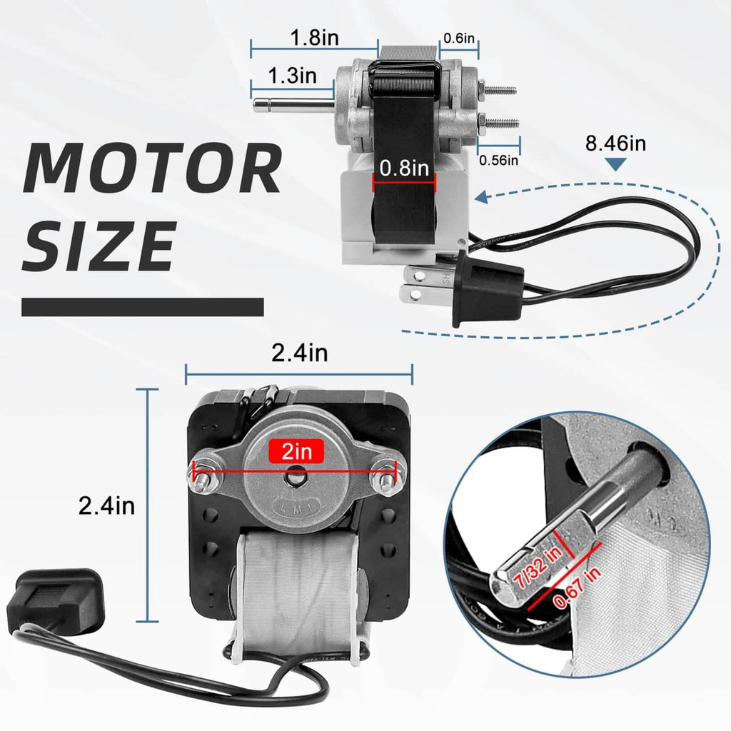 Exhaust fan motor assembly with attached wiring, labeled dimensions, black and silver