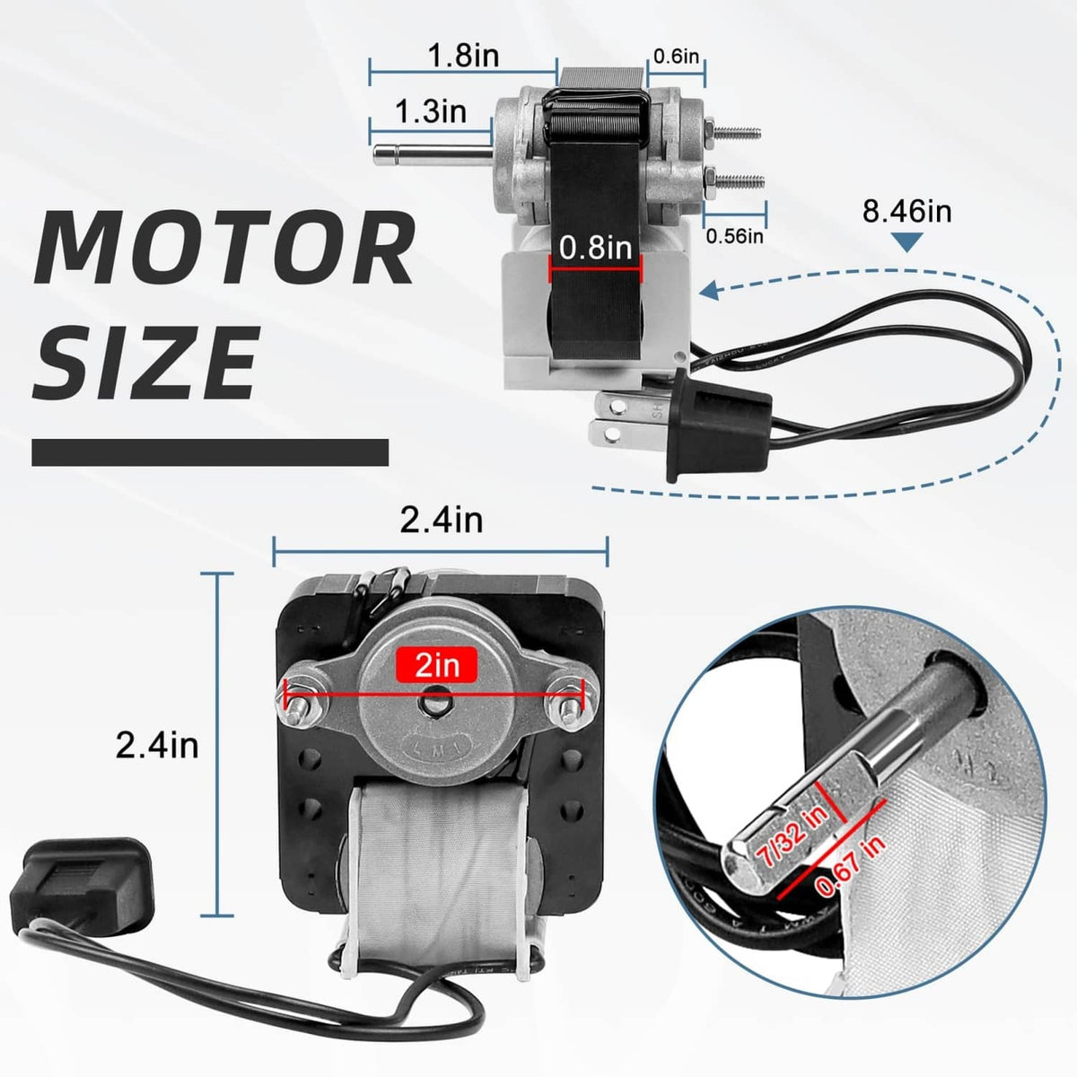Exhaust fan motor assembly with attached wiring, labeled dimensions, black and silver