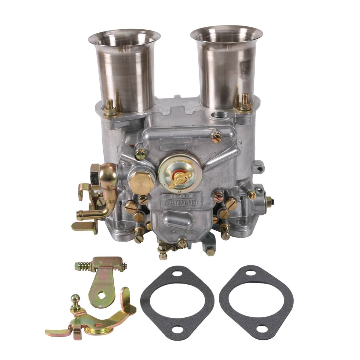 Twin-choke carburetor kit with air horns, metal linkage, and two gasket seals