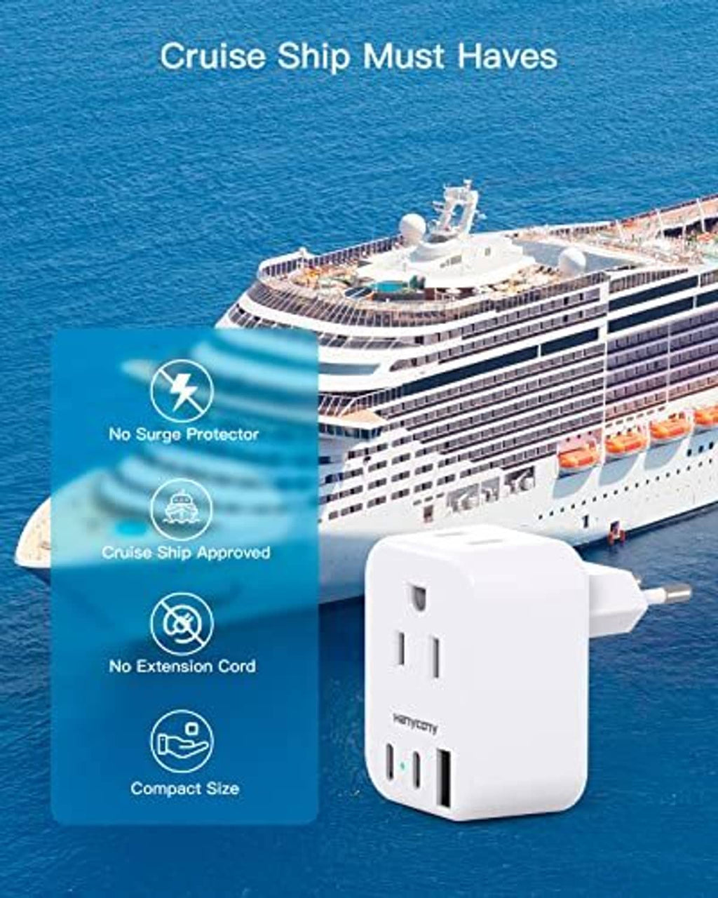 White plug adapter for cruise travel, compact cube with two-pin outlets and USB ports