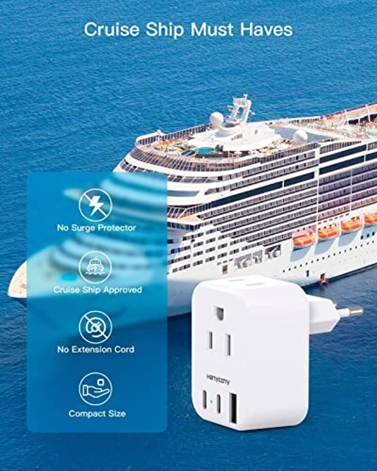 White plug adapter for cruise travel, compact cube with two-pin outlets and USB ports