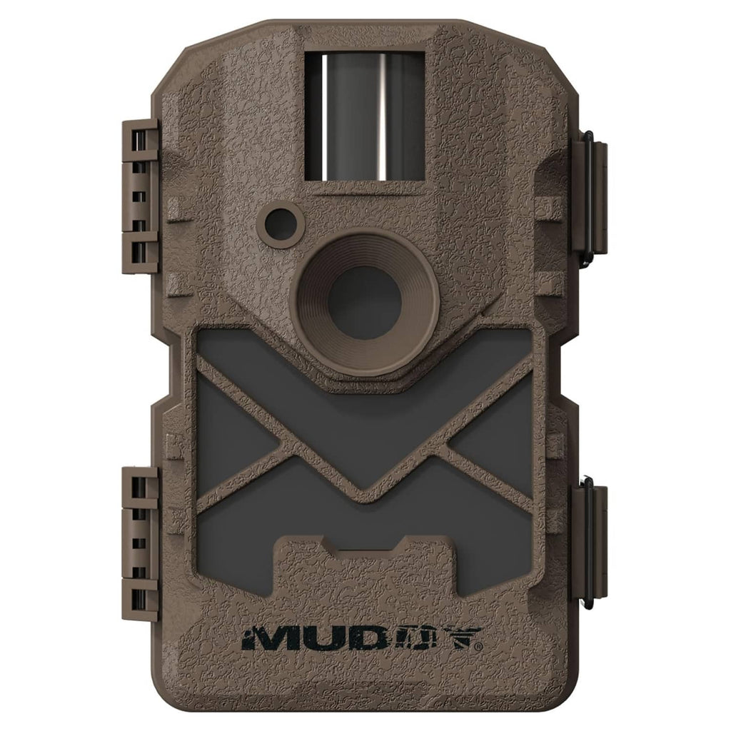 Front view of trail camera with camouflage brown body and dark lens window.