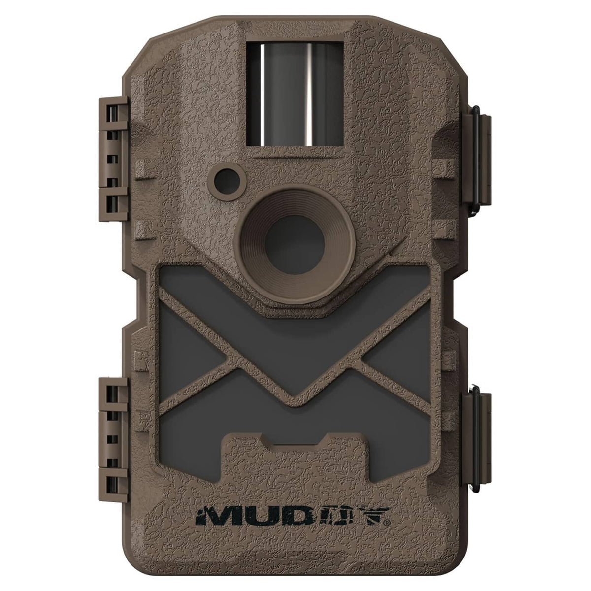 Front view of trail camera with camouflage brown body and dark lens window.