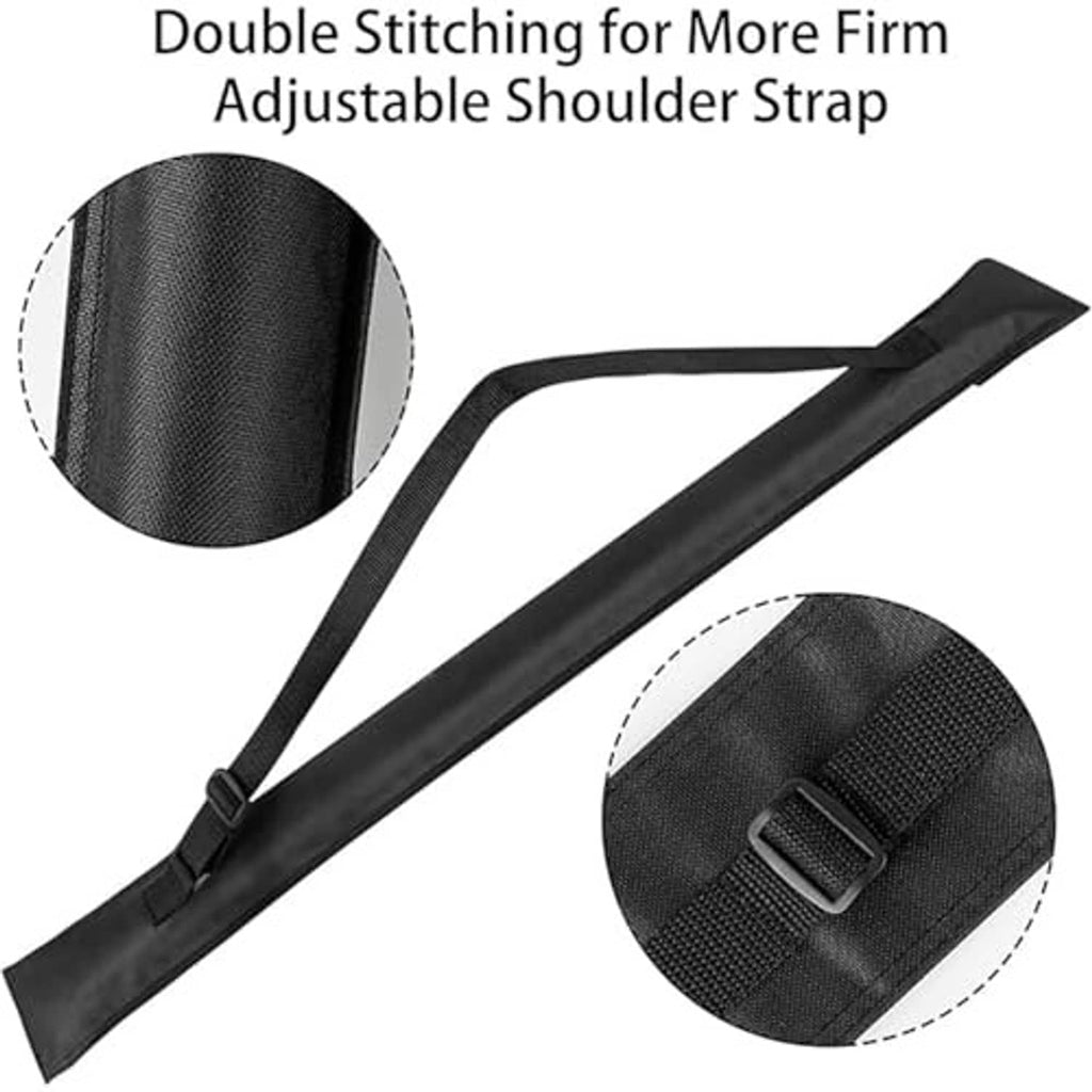 Black adjustable shoulder strap with double stitching on cue stick bag