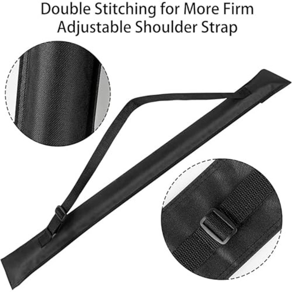 Black adjustable shoulder strap with double stitching on cue stick bag