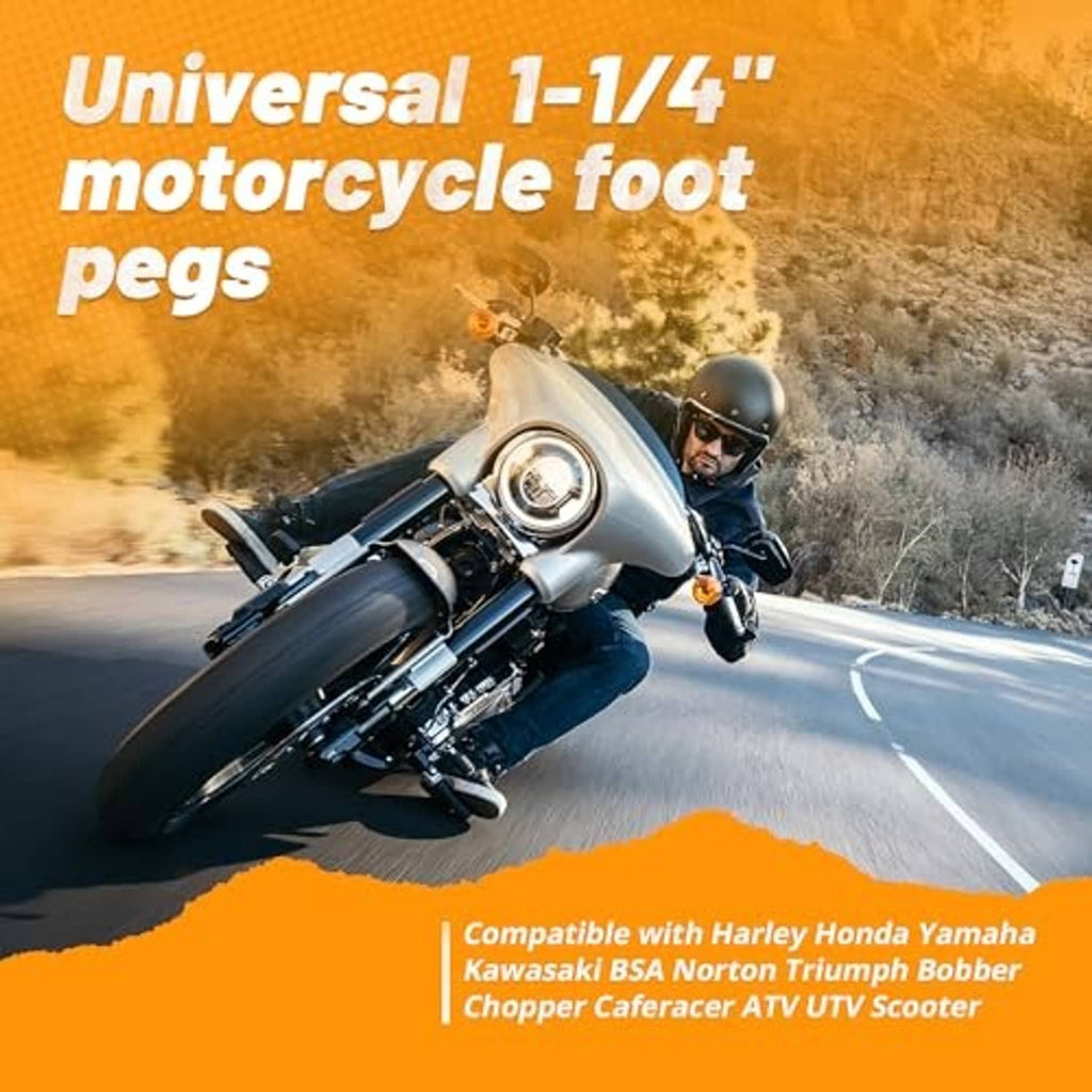 Universal black motorcycle foot pegs with ribbed rubber pads and U-clamp mounting set