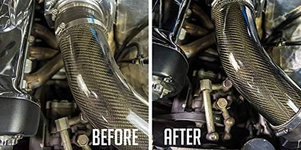 Boar hair brush used on exhaust pipe, before-and-after view
