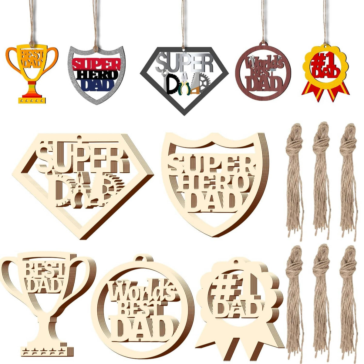 Unfinished wooden Father’s Day hanging ornaments set, 5 styles, laser-cut shapes