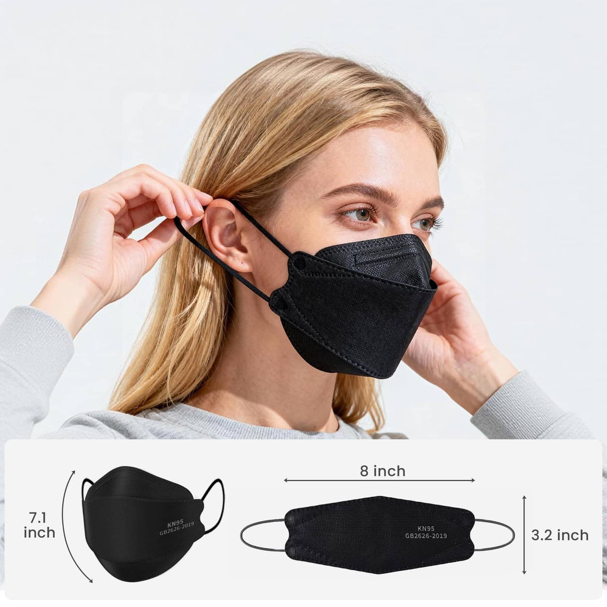 Black KN95 face mask near face, with size diagram for fit
