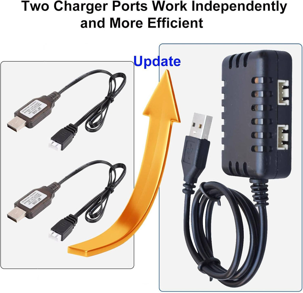 2-in-1 USB battery balance charger with dual charge ports and two included cables