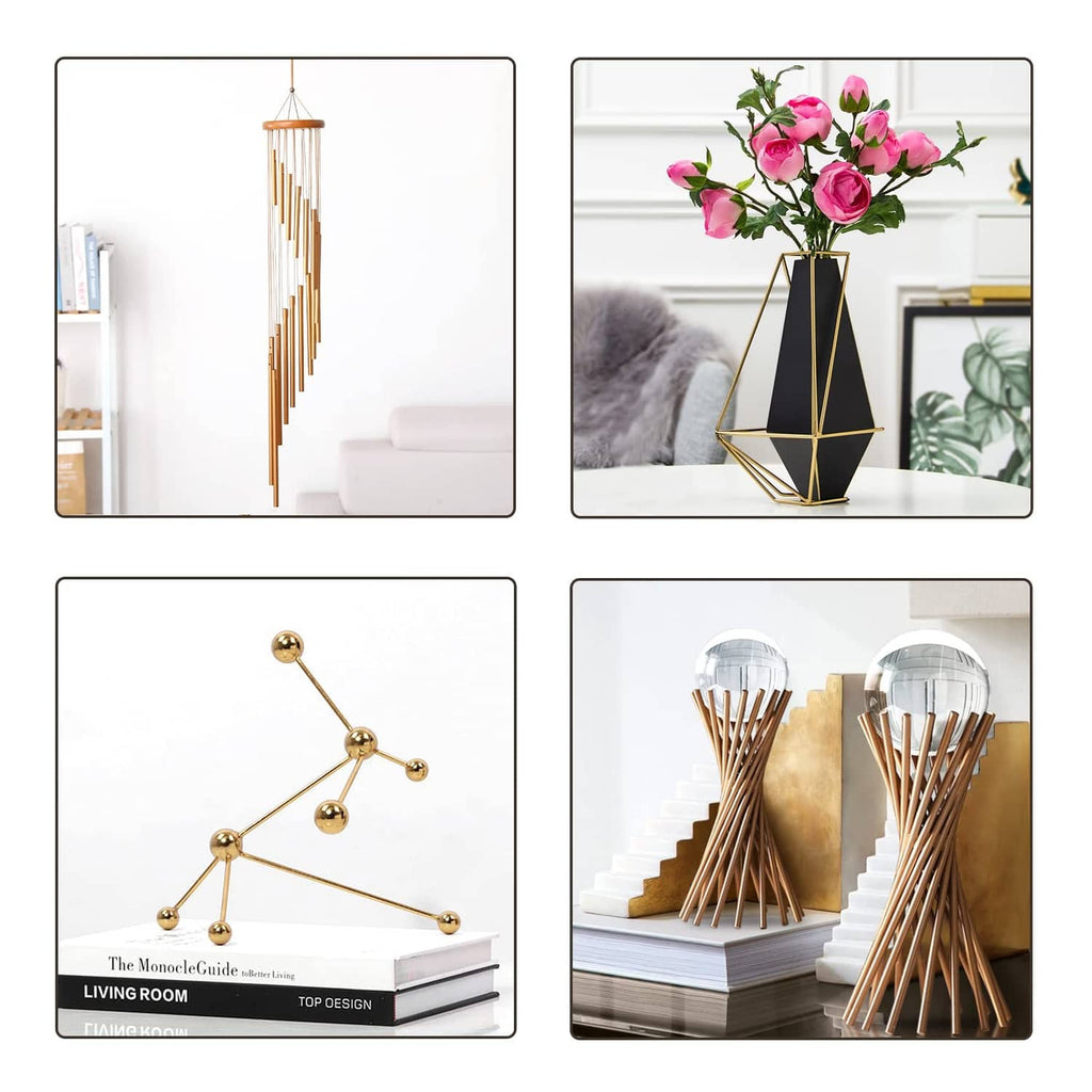 Gold brass tube decor pieces with thin rods and round connectors