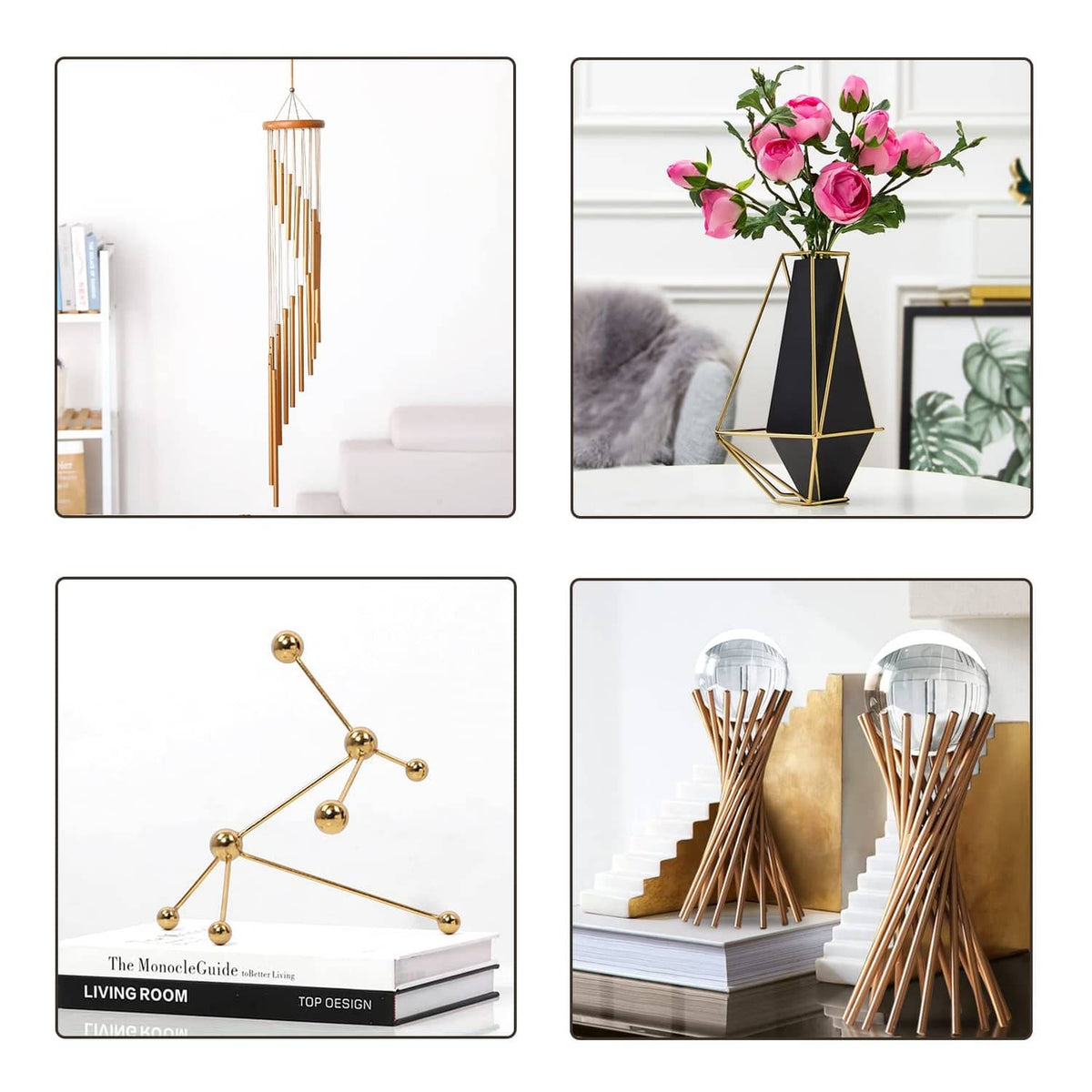 Gold brass tube decor pieces with thin rods and round connectors