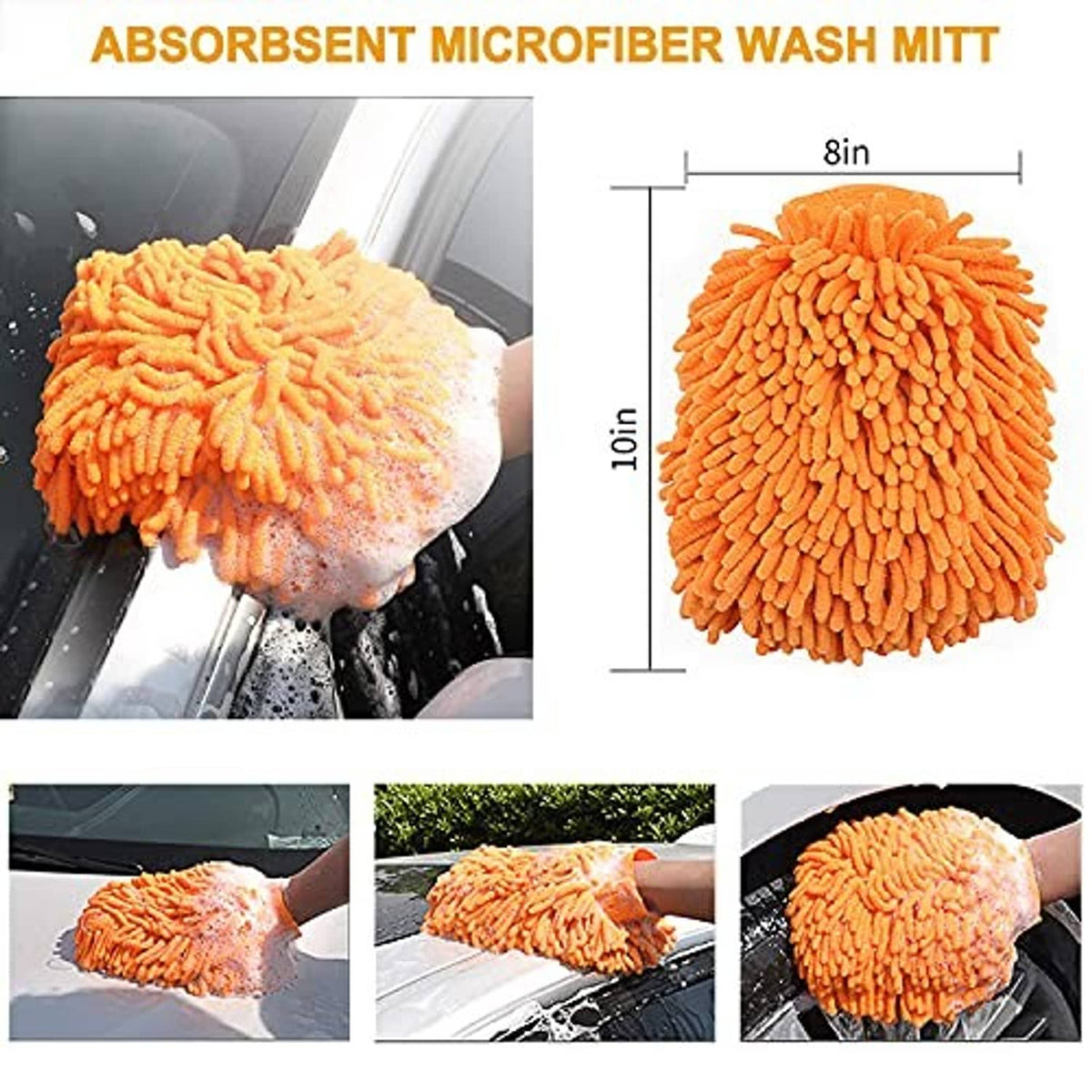 Orange microfibre wash mitt for car washing, plush pile