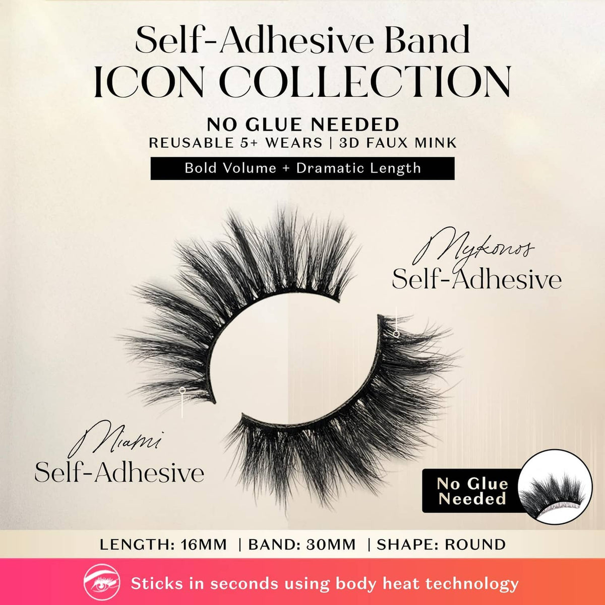 Round self-adhesive faux mink lash band, black, no glue needed