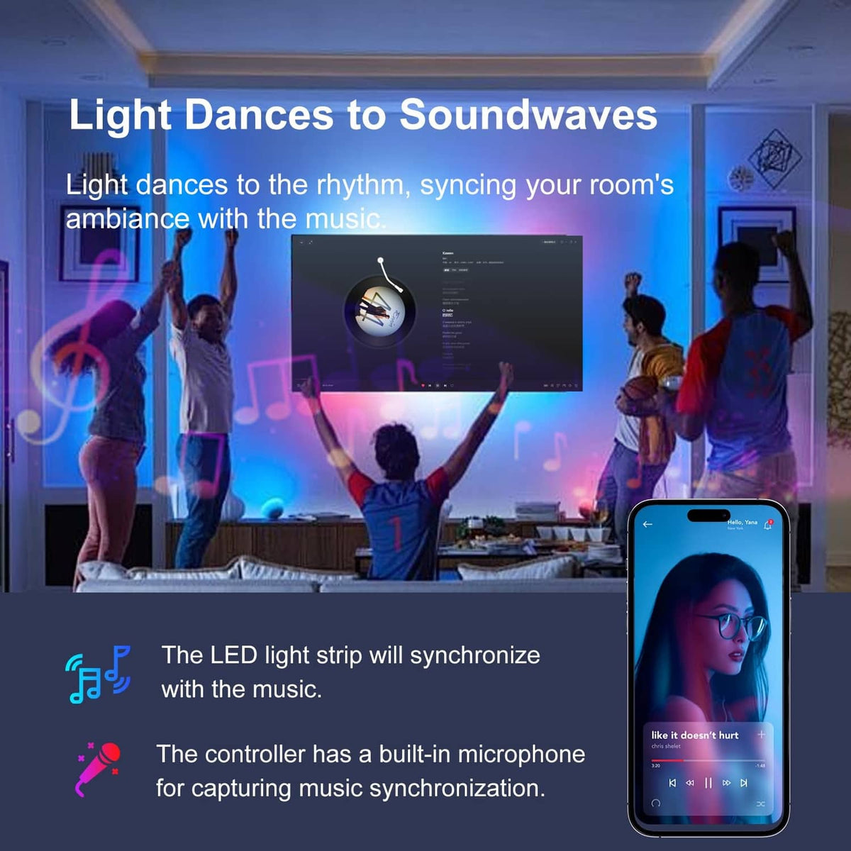Music-synced RGB LED strip lights with sound-reactive lighting effects