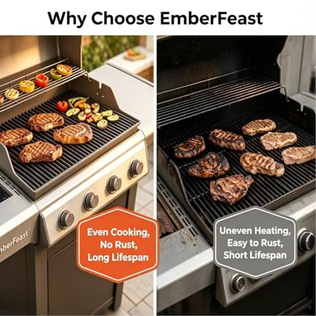Universal grill heat shield plates installed in gas grill for even heat distribution