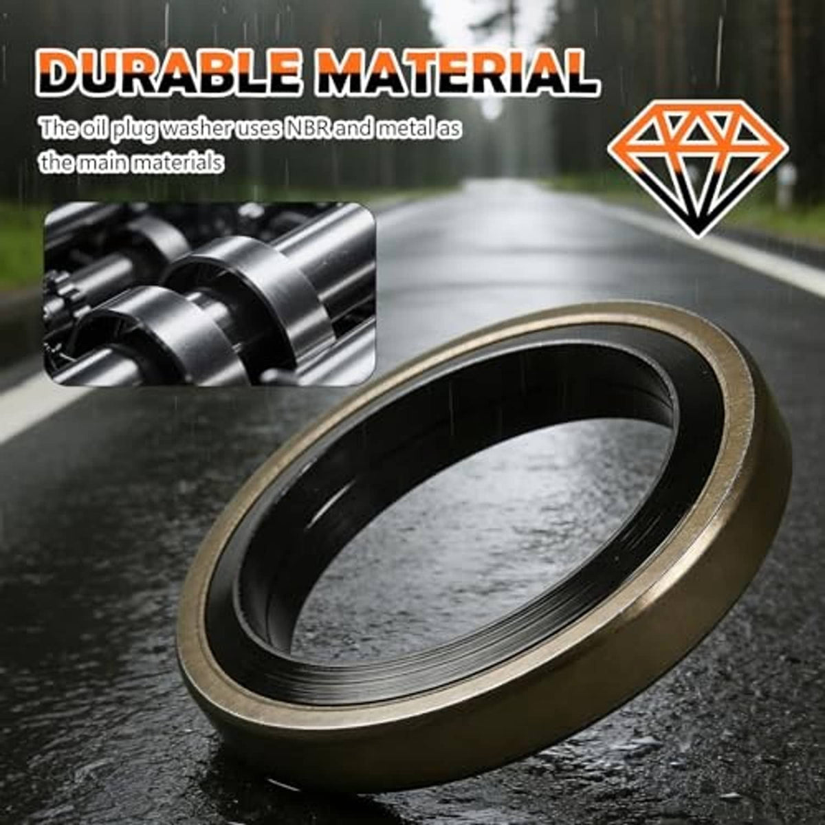 M14 oil drain plug gasket ring, dark rubber seal with metal crush washer
