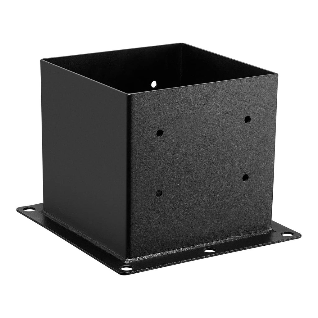 Black steel post base bracket with flange base plate and drilled mounting holes