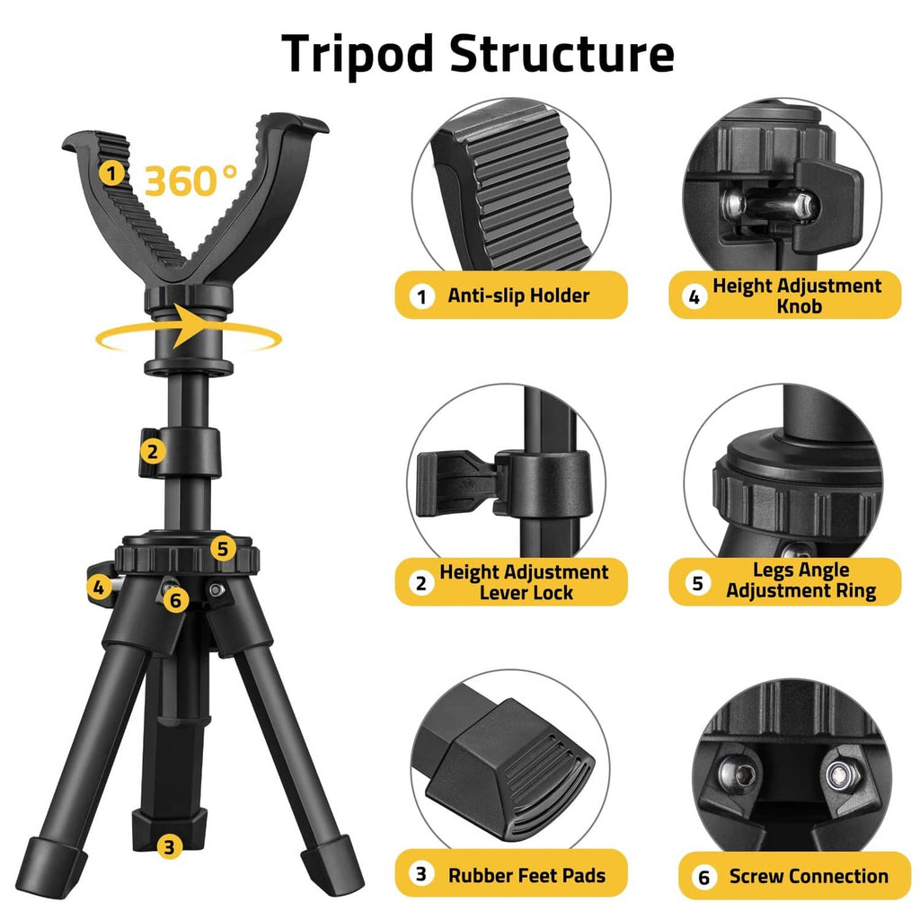 Tripod with anti-slip holder, height adjustment knob, and adjustable leg angle rings