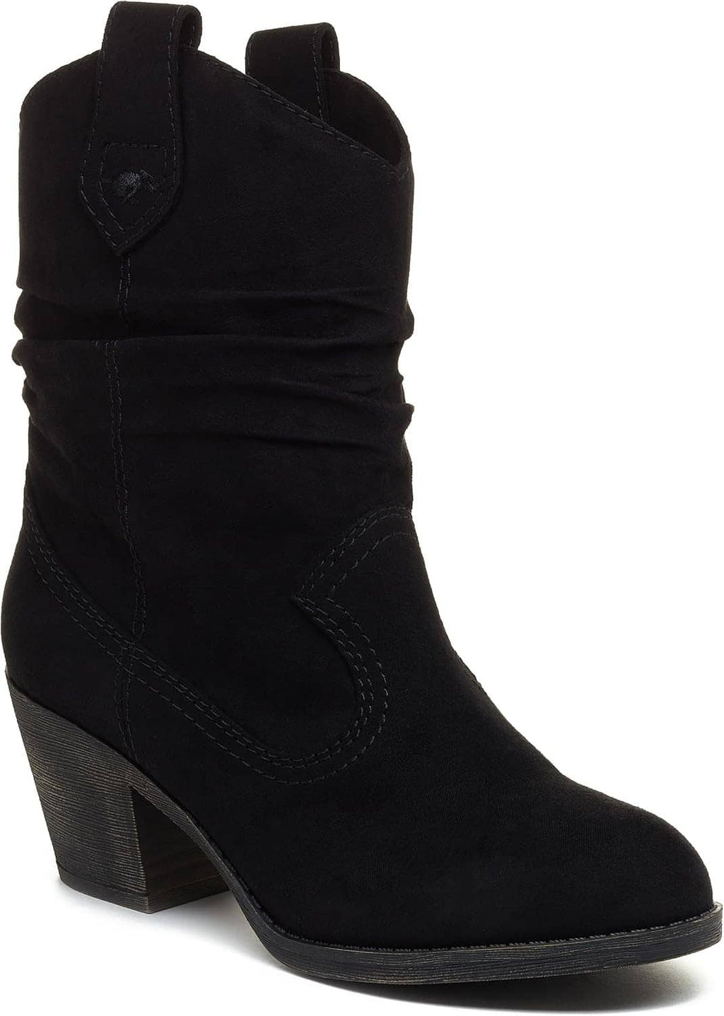 Women's Sheriff black suede mid-calf western boots with block heel and stitched V seam