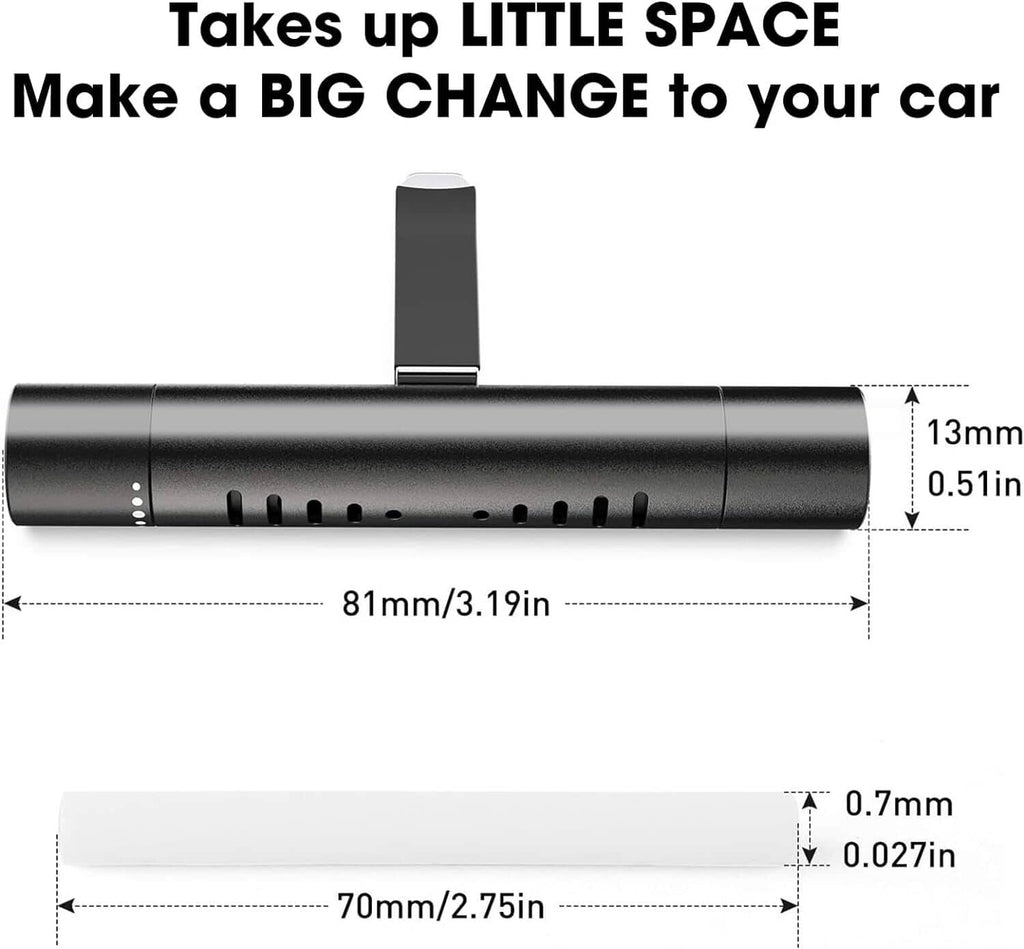Black rotating car air freshener diffuser clip with small dimensions markings