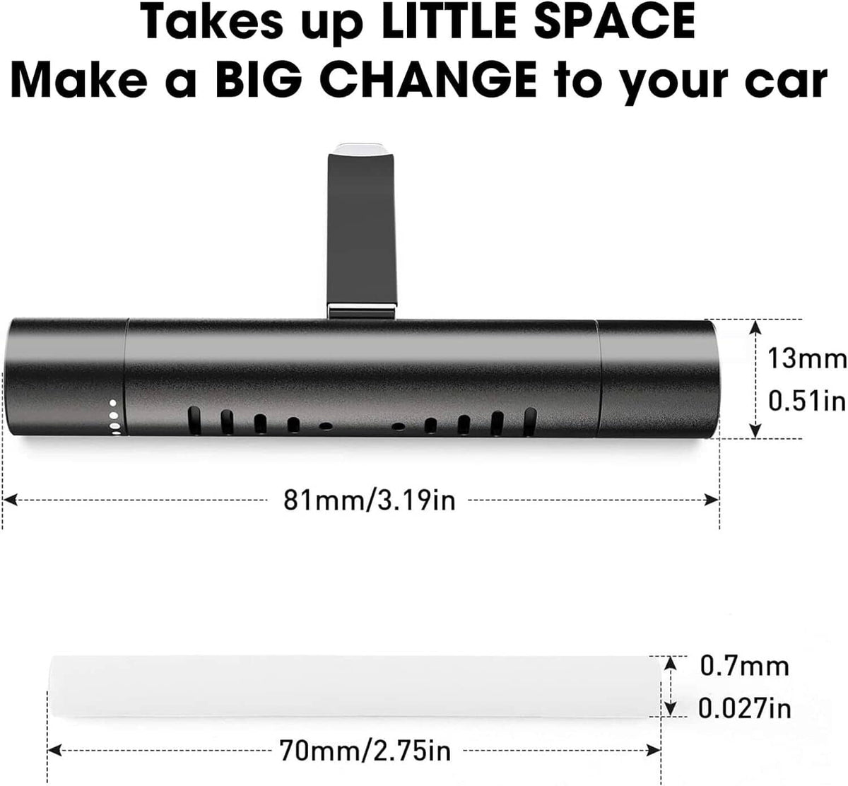 Black rotating car air freshener diffuser clip with small dimensions markings
