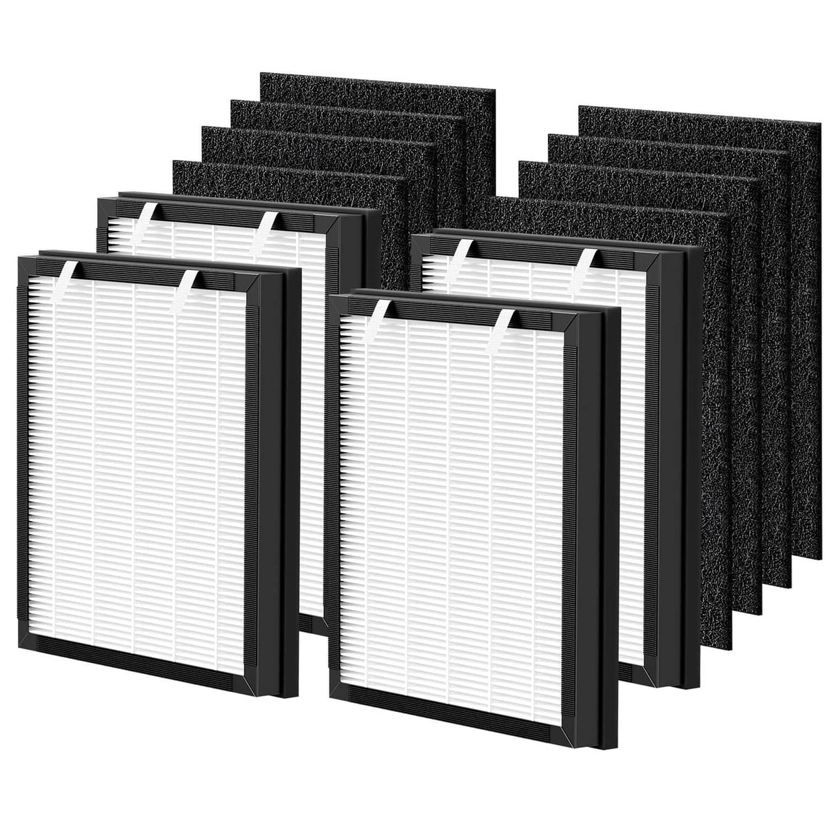Pack of replacement HEPA and carbon filters with black frames and white pleated media