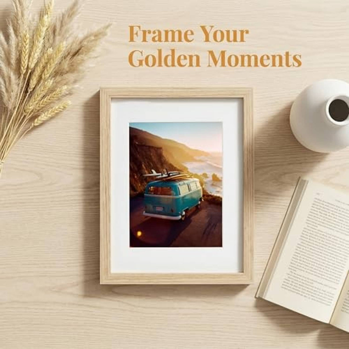 Oak wood 8x10 picture frame on tabletop, clear front showing a travel photo.
