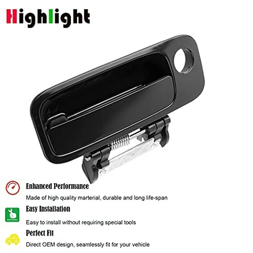 Black exterior door handle with oval mounting hole and spring latch mechanism